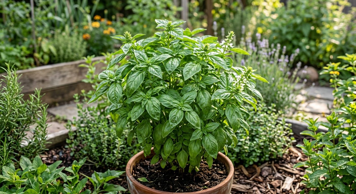 Basil plant growing in a garden