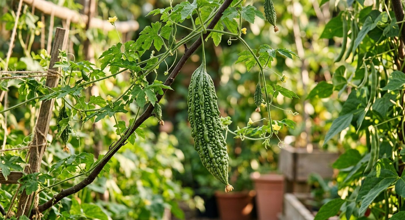 Bitter Melon plant growing in a garden