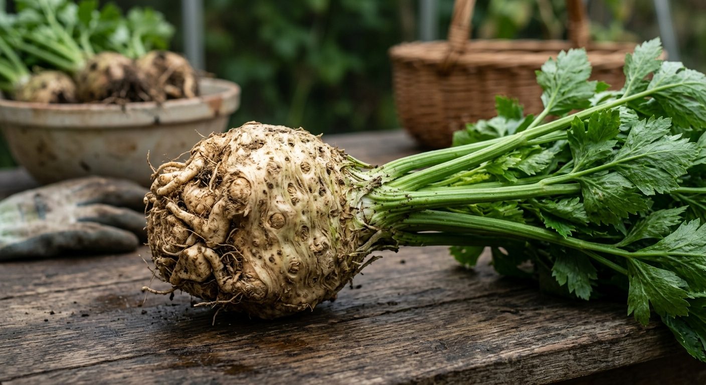 Celeriac plant growing in a garden