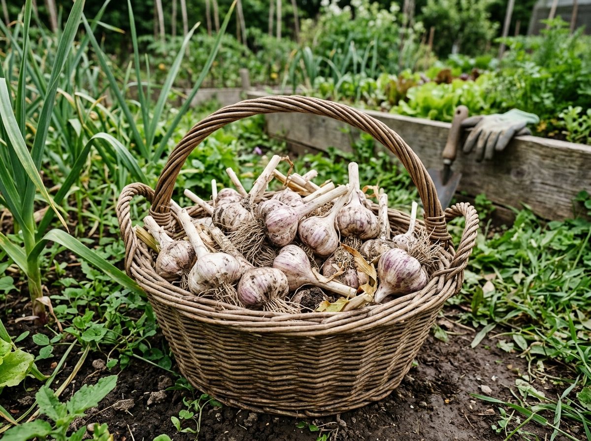 Garlic plant growing in a garden