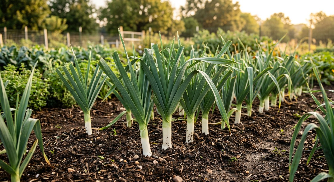 Leek plant growing in a garden