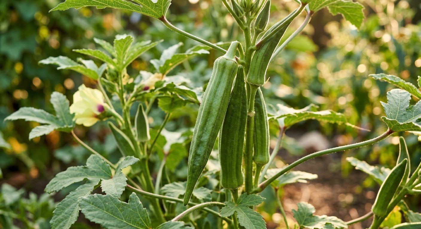 Okra plant growing in a garden