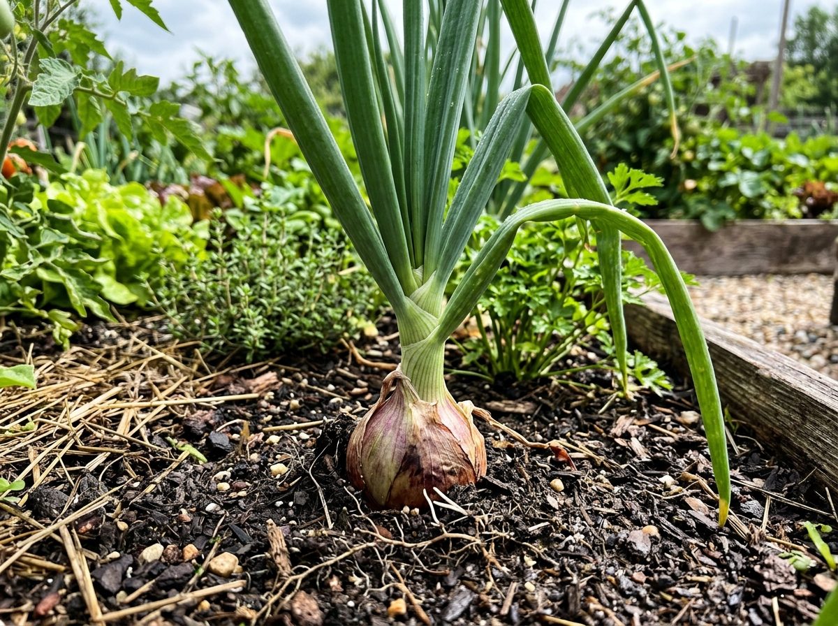 Onion plant growing in a garden