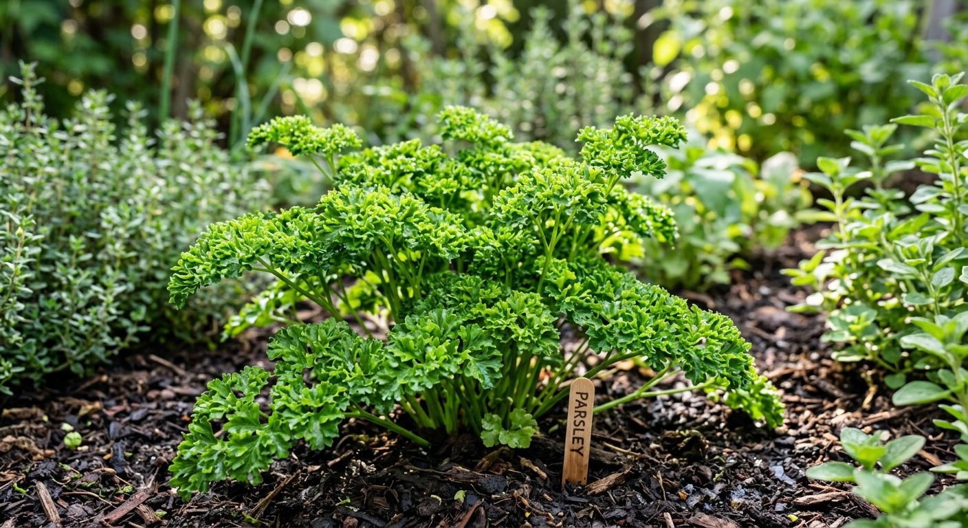 Parsley plant growing in a garden