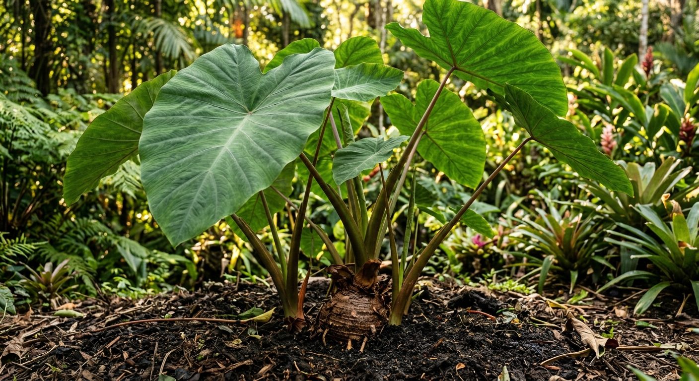 Taro plant growing in a garden
