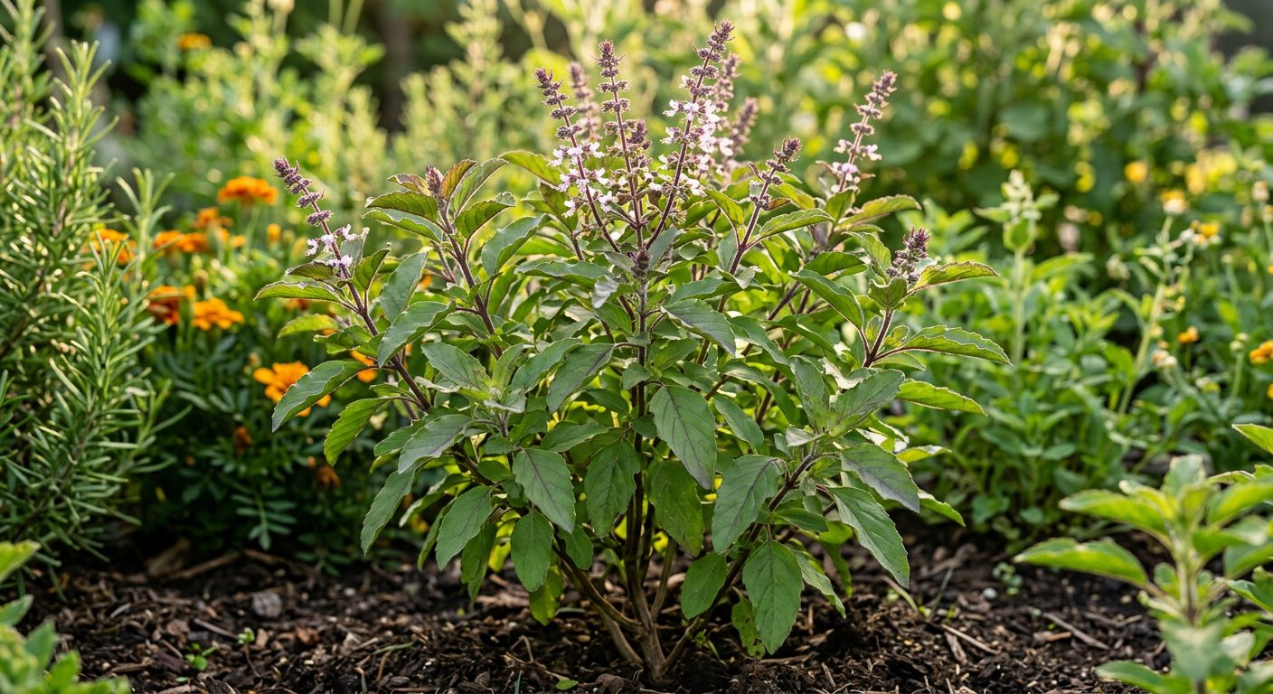 Holy Basil plant growing in a garden