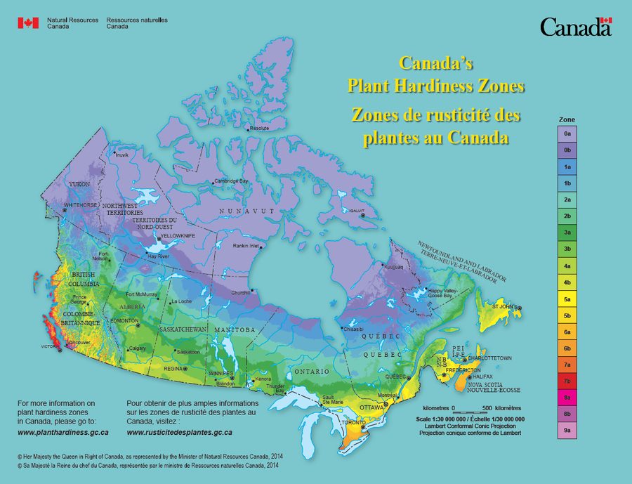 Canadian Plant Hardiness Zone Map — zones 0 to 9